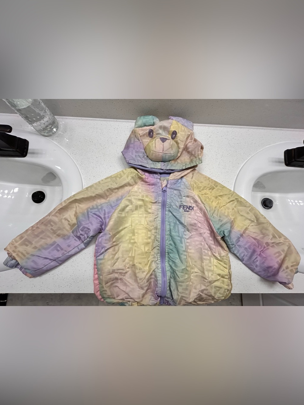 Fendi Pastel Rainbow Bear Hooded Puffer Jacket
